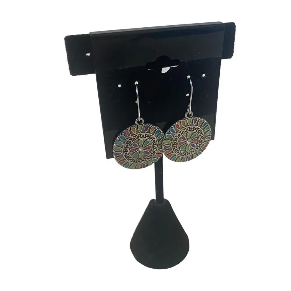 Southwest Style Multi-Colored Silver Toned Disc Earrings.